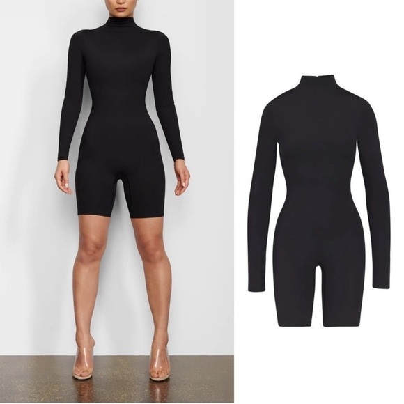 SKIMS Tops - SKIMS ALL IN ONE LONG SLEEVE MID THIGH BODYSUIT ONESIE IN ONYX NWT!
